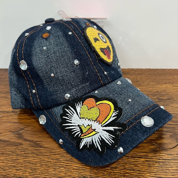 Blingy Denim Baseball Cap Rhinestones, Embroidery Smiley Face Sophia Collection - Picture 1 of 9